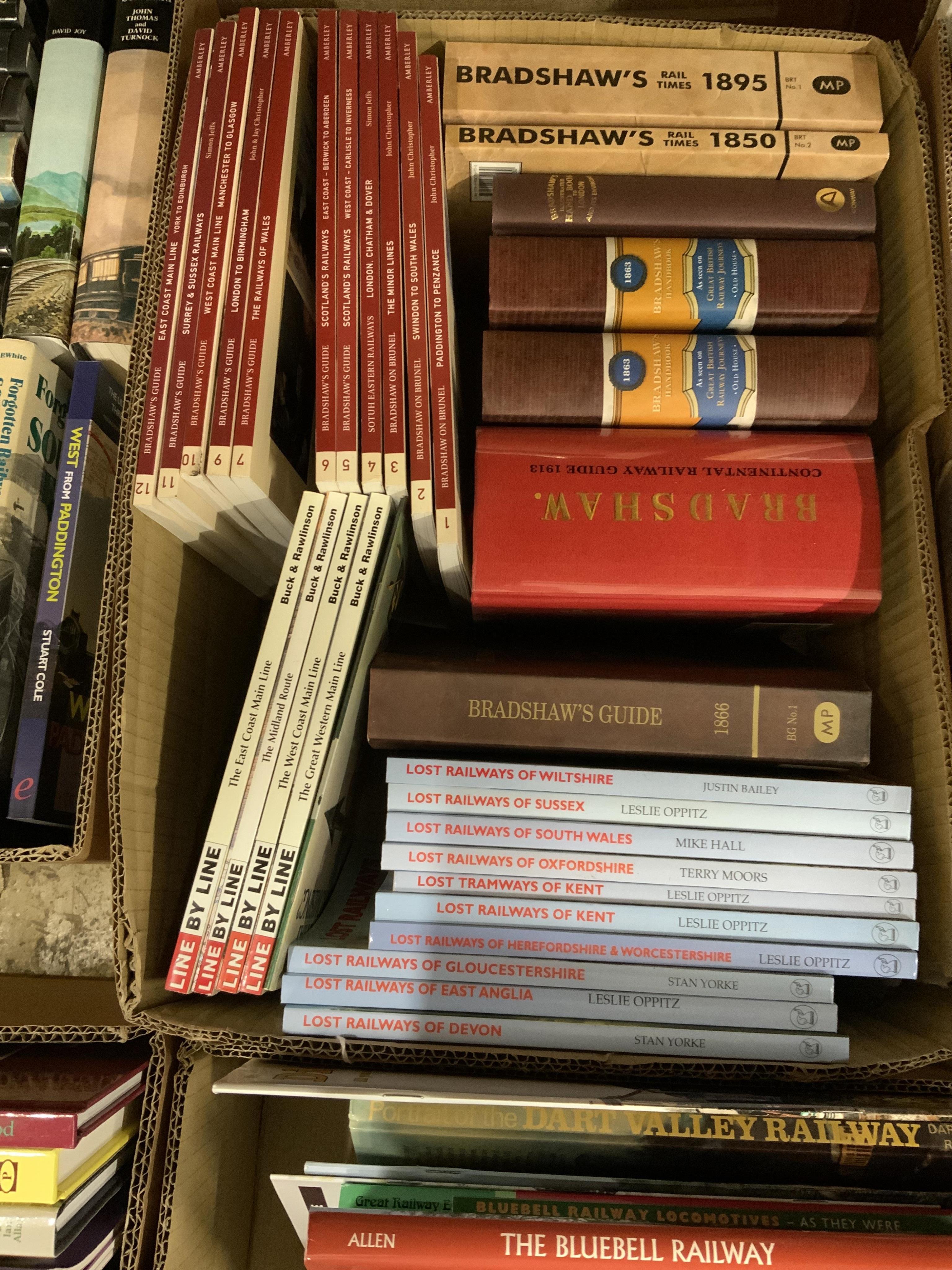 Eight boxes of railway related books, subjects include; Scottish steam, diesel locomotives, electric locomotives, Great Western Railway locomotives, Union Pacific locomotives, Bradshaw’s guides, etc. publishers include;